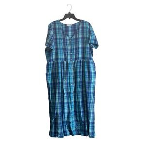 Only Necessities 1X Seersucker Lounger Dress Blue Plaid Muumuu Comfort Relaxed